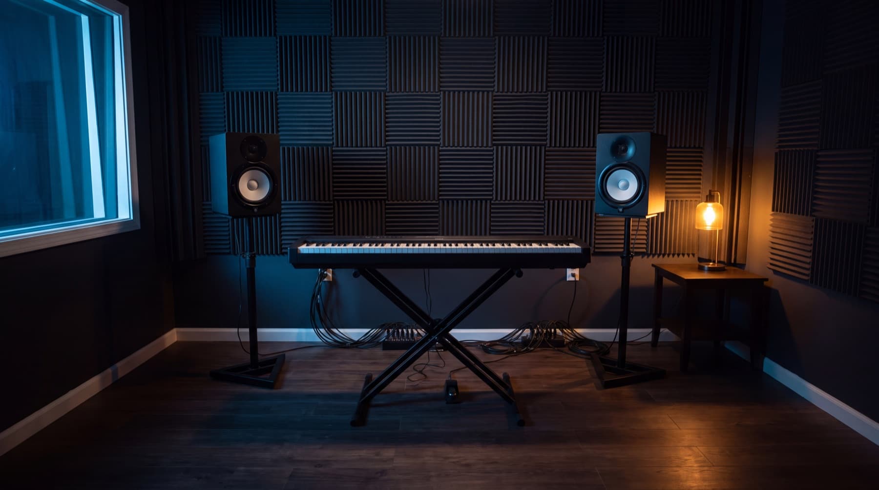 Studio de travail à la tombée du jour : un piano de scène 88 touches sur son pied, deux moniteurs sur pieds, des panneaux acoustiques au mur